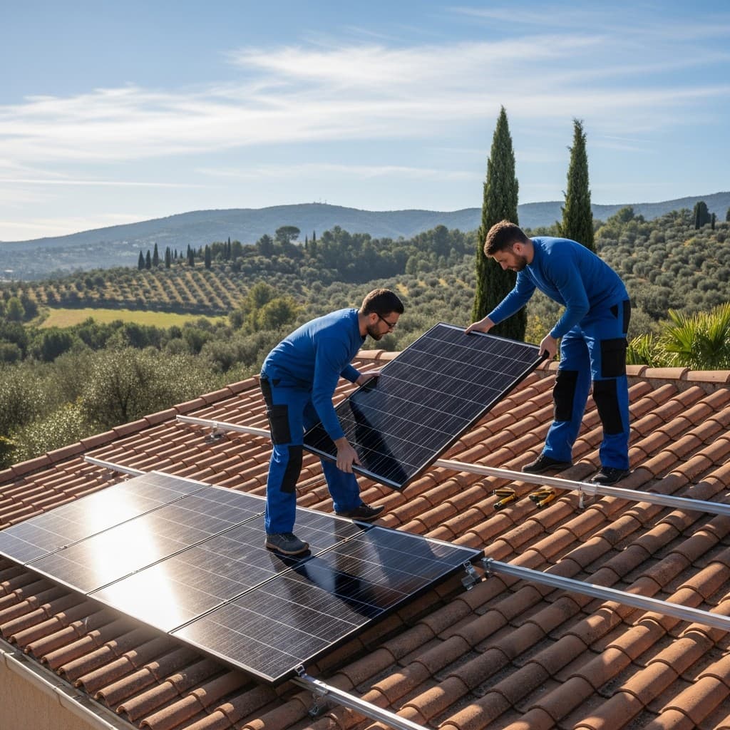 Techniciens installant des panneaux solaires